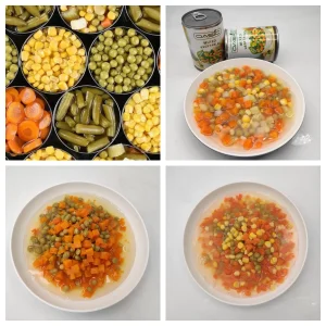 OEM con marca privada lista para comer verduras mixtas enlatadas con zanahoria, maíz dulce, guisantes, frijoles y papa disponibles