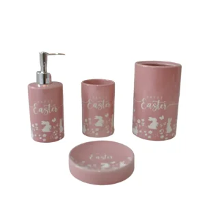 Custom Easter-Themed Pink-White Rabbit Printed Dolomite Bathroom Accessory Set Manufacturer, Supplier