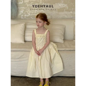 YOEHYAUL 26076 High Quality Girl Sweet Lace Square Neck Beige Sundress Baby Solid Cotton Long Dress Factory Customized