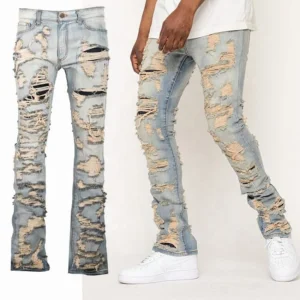 Calças jeans empilhadas rasgadas vintage