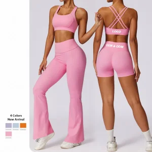 مصنع دونغقوان بالجملة 5PCS مجموعة ملابس رياضية فاخرة للنساء، 2 حمالة صدر رياضية + شورتات يوغا + ليغينغز يوغا + بنطلونات واسعة ملابس رياضية مثيرة