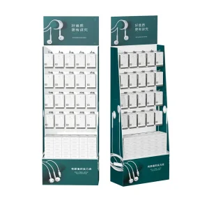 Mobile Phone Accessories with Hooks and Headphones in a Supermarket Corrugated Cardboard Display Rack