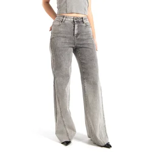 Calças de Jeans Cinza de Cintura Alta Wide Leg