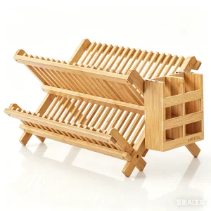 Folding Bamboo Standing Type Double Tier Dish Drying Rack Utensil Holder Home Cabinet Storage Foldable Bowl Plate Organizer