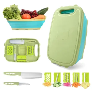 Camping Cutting Board Chopping Board with Colander, 9-in-1 Multi Chopping Board Kitchen Vegetable Washing Basket for Camping, Camping Tools Kitchen Accessory
