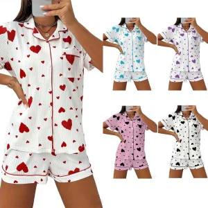 2026 Popular Striped Cardigan Lapel Buttons Women's Short-sleeve Shorts Loungewear Two-piece Set