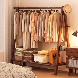 Solid Wood Floor-Standing Bedroom Coat Rack with Multifunctional Hanging Shelf Indoor Clothes Drying Rack-Minimalist Design