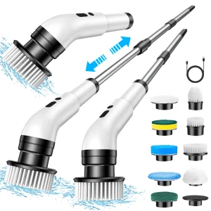 Electric Spin Scrubber, Quiet Cordless Shower Scrubber, 8 Replaceable Heads, Adjustable Extendable Pole