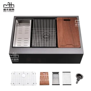33X20 Inch Stainless Steel Farmhouse Sink Gunmetal Black Single Bowl Workstation Flat Apron Front Farm Kitchen Sink with Cutting Board