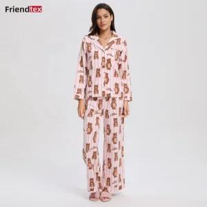 Women's Pink Striped Bear Print Pajama Set
