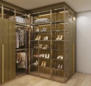 Modern Bedroom Furniture L Shape Locker Luxury Aluminum Frame Glass Door Large Hinged Wardrobe