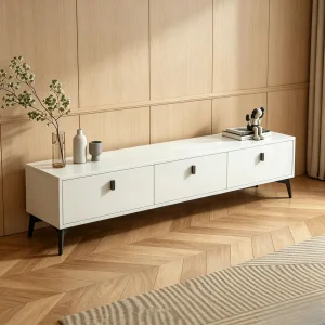 Mueble de televisión blanco de estilo nórdico con cajones, consola de medios de madera