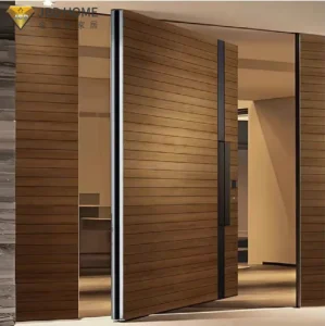 Elegant Wooden Pivot Door - Natural Wood Panel With Full-Height Vertical Glass For Seamless Indoor-Outdoor Living