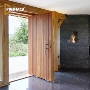 Puertas pivotantes de entrada principal de madera maciza con marco de aluminio de seguridad exterior moderno personalizado