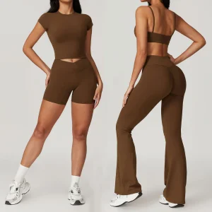 Conjunto de Yoga Personalizado 4 Piezas Ropa de Fitness para Gimnasio Mujeres Top Corto Pantalones Cortos de Ciclismo Leggings de Cintura Alta Ropa Atlética Conjunto de Entrenamiento Ropa Deportiva