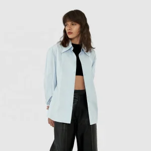 Elegant Light Blue Long Sleeve Cotton Blouse
