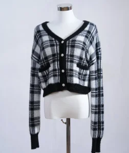Women's Nylon Plaid Fuzzy Cropped Open Knit Cardigan Sweater