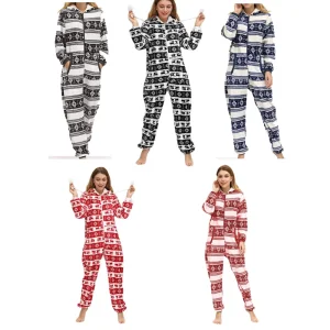 Conjunto 2023 de pijamas de una pieza para mujer de franela cálida con capucha y pies, con cremallera, suave para adultos, mono para damas, camisón familiar con pie y capucha para el invierno