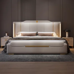 Luxury Modern King Size Soft Bed Frame Leather Solid Wood Double Queen Bed