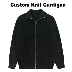 High Quality Rib Knit Knitted Cardigan With Side Pockets Turn Down Collar Turtleneck Front Zip up Jacket Sweater Cardigan