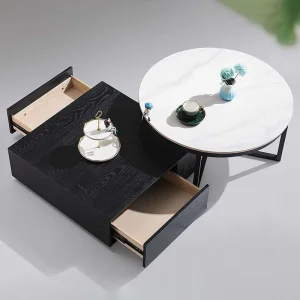 European Modern Design Luxury Living Room Home Furniture Set Side Table Wood Storage Black Round Rock Slab Coffee Table