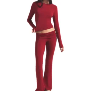 Conjunto Feminino Ky Ajustado com Manga Longa e Calças Flare Estilo Básico Versátil