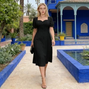 Black Square Neck Puff Sleeve Button Down MIDI Dress