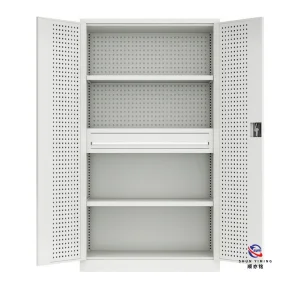 Industrial Steel Tool Storage Cabinet with Pegboard, Multi-functional Metal Workshop Organizer with Locking Doors
