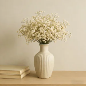Ribbed Ceramic Vase Neutral Earthy Boho Home Decor Waterproof Decorative Flower Vase for Living Room Table Centerpiece