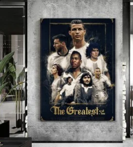 Famous Football Superstar Messi, Ronaldor, Naymar And Mbape Poster Black Frame Prints Wall Decor Bedroom for Living Room Sport Room Gift for Fan Football Size 12x18 INCH 