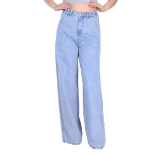 Custom Vibrant Light Blue High Waist Baggy Wide Leg Women Mom Denim Jeans
