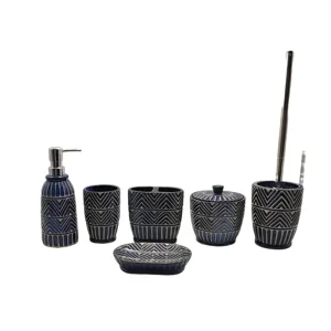 Wholesale Blue & White Geometric Tribal - Patterned Stoneware Bathroom 6 - Piece Set Manufacturer, Factories