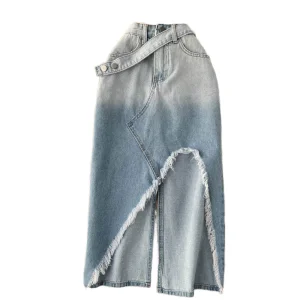 Women's High Waist Front Slit Denim Maxi Skirt