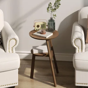 Round End Side Table, Accent Table with 2 Tier Shelves