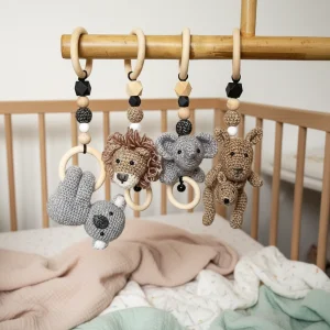 Customized Premium Round Square Plush Activity Wooden Nursing Pendant Gym Teether Rattles Toy Sports Educational Picnic