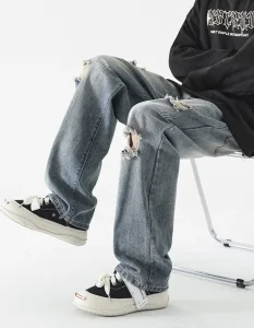 Men's Multi Distressed Design Denim Jeans Loose Straight Wash Blue Men Jeans