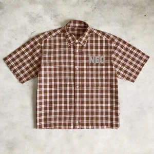 High Quality Custom Casual Button-Up Oversize Men's Plaid Flannel Shirt Silicone Printing Logo Crop Sleeve Shirt