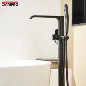 Sanipro Luxury Waterfall Bath Tub Faucets Floor Stand Freestanding Bathtub Filler Mixer Taps Brass Bathroom Shower Faucet Set