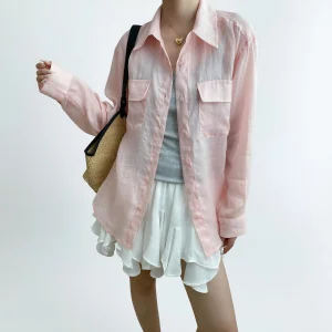 Custom Women's Pink Linen Button-Down Shirt