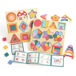 Wooden Geometric Shape Matching Puzzle Colorful Shape Recognition Peg Board Early Educational Fine Motor Skill Toy