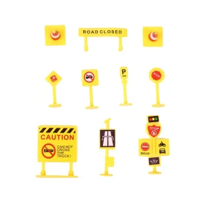 Realistic Toy Traffic Signs and Construction Vehicle Set