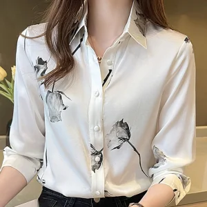 Blusas de Seda Satinada para Mulheres, Camisas de Moda Coreana com Manga Longa, Camisa com Botão, Roupas para Escritório, Lady Floral com Decote em V