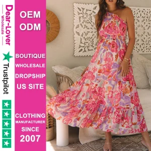 Querido Amor Boutique de Moda Mayorista Vestido de Mujer Estampado Floral Abstracto Con Volantes Un Hombro Vestido Maxi Largo de Verano para Mujeres