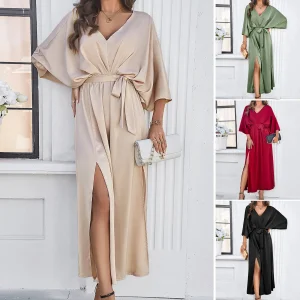 Vestido Elegante Vintage de Verão com Decote em V Clássico, Vestido Formal para a Noite, Vestido Midi Sólido com Mangas Curtas e Fenda