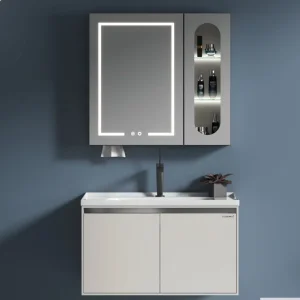 Modern Gray Bathroom Vanity Set Smart Lighting Stainless Steel Bathroom Vanity