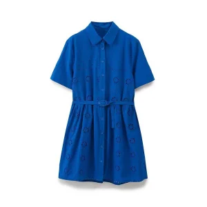 Vestido de viagem para meninas, casual, personalizável, com renda, laser, flor, cor sólida azul marinho