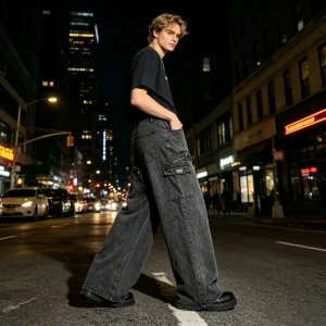 Black Vintage Washed Cargo Jeans With Large Side Pockets And Wide Leg Cut Streetwear Denim Trousers For Men Bulk Supply