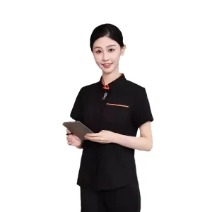 High Quality Customized Women's Short Sleeved Stand up Collar Button up Shirt, Suitable for Business and Restaurant Workwear