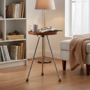 Retro Charm Circular Wood Tray Top Metal Tripod Base Practical Accent Home Decor Side Table