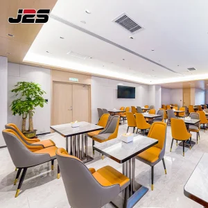 Luxury Commercial Restaurant Furniture Grey Orange Chair Marble Top Table Tubular Metal Base Hotel Buffet Lounge Area
